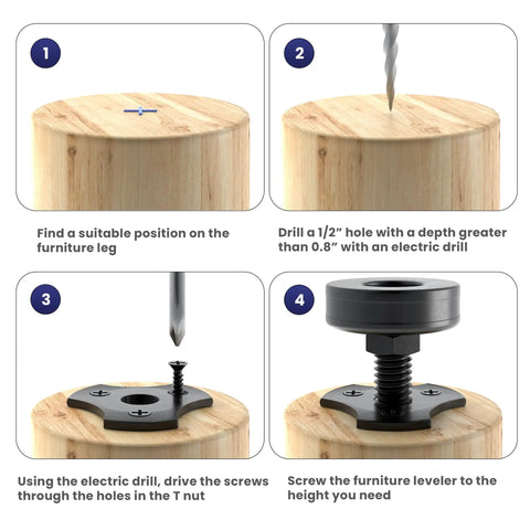 Beefy Adjustable Furniture Feet Leveling Kit For Heavy Duty Stabilization With Mounting Plates Felt Pads Screws And Wrench Three Eighths Inch Thread Supports Up To 1320 Lb Height Range Three Quarters To One And Three Quarters Inches Four Pack