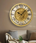 18 Inch Big Boy Gear Wall Clock With Smooth Rotating Cogs And Crisp Gold Roman Numerals on wall above couch.