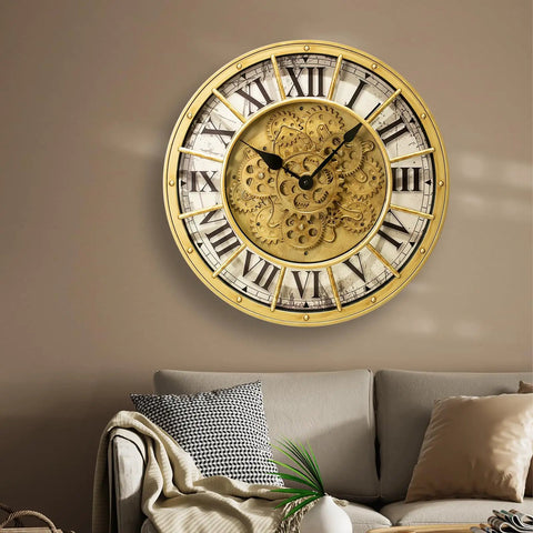 18 Inch Big Boy Gear Wall Clock With Smooth Rotating Cogs And Crisp Gold Roman Numerals on wall above couch.