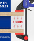 Go-To Mini Bar Clamp Set For Woodworking clamping wood with 150 lb load, showcasing one-handed operation and F style design