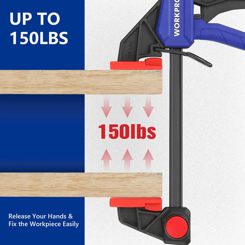Go-To Mini Bar Clamp Set For Woodworking clamping wood with 150 lb load, showcasing one-handed operation and F style design