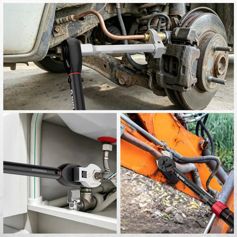 Heavy Duty 15 Piece Metric Crowfoot Wrench Set With Extension Bar And Adapter Master Tool Kit For Gnarly Tight Spots, shown in use on brake components and plumbing.