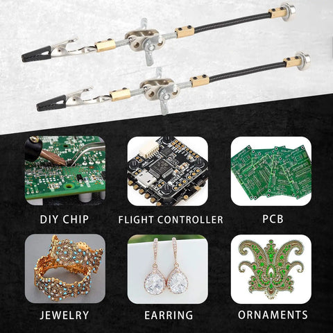 Solid Helping Hand Clamp For Soldering And Electronics Repair Work With Adjustable Alloy Steel Arms securing components on PCB.