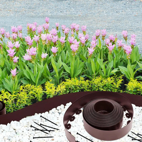Durable Flexible 4 Inch Landscape Edging Coil Kit With 30 Spikes For Lawn Borders And Flower Beds 33 Feet Brown Plastic Edging