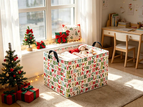 Slick Rectangular Storage Basket Waterproof Canvas Bin Collapsible Christmas Gift Organizer And Room Decor filled with blankets and toys.
