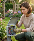 Woman installing wires in a Premium Four Pack Waterproof Electrical Junction Box Outdoor IP67 Plastic Weatherproof Enclosure Gray.