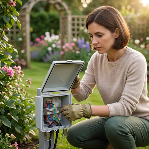 Woman installing wires in a Premium Four Pack Waterproof Electrical Junction Box Outdoor IP67 Plastic Weatherproof Enclosure Gray.