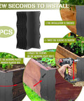 Installation guide for 8-Pack Heavy-Duty Metal Corner Brackets for Raised Garden Beds with screws, shown on raised planter boxes.