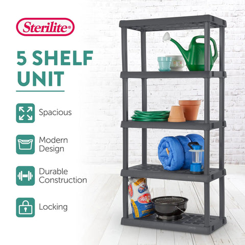 Hustle Proof Five Shelf Heavy Duty Plastic Storage Rack With Ventilated Perforated Shelves Holding Up To One Hundred Fifty Lbs Per Level For Garage Basement Project Organization