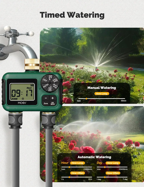 Two Zone Sprinkler Timer with Brass Inlet and Outlet, programmable irrigation controller with rain delay and manual watering