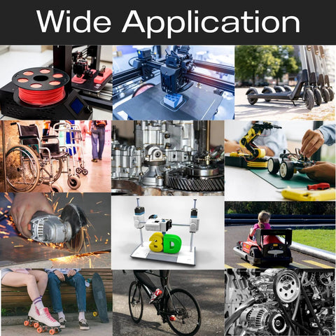 Collage showing wide applications of 608 RS Chrome Steel Ball Bearings 100 Pack 8x22x7mm in skateboards, 3D printers, tools, and bicycles.