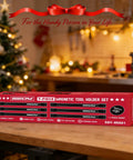 Magnetic Tool Holder Storage Organizer 7-Piece Set For Garage Wall Mount Rack in red packaging on a kitchen table