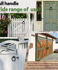 Collage featuring Three Pack Black Sliding Barn Door Ring Pulls With Screws Zinc Alloy Door Handles on door, gate, and fence.