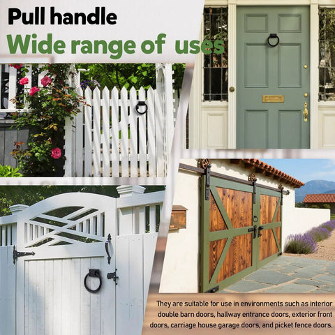 Collage featuring Three Pack Black Sliding Barn Door Ring Pulls With Screws Zinc Alloy Door Handles on door, gate, and fence.