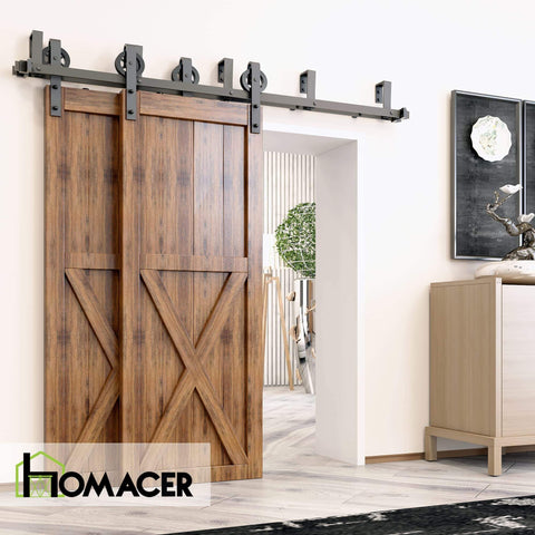 Black Rustic Double Track U Shape Bypass Sliding Barn Door Hardware Kit For Two Doors 10 Foot Flat Track With Spoke Wheel Rollers Space Saving Barn Door System Easy Install And Smooth Operation