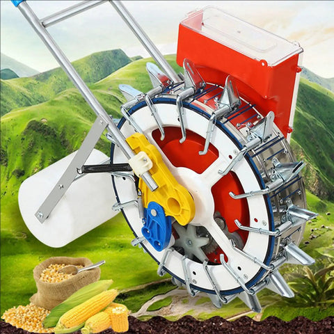 Manual Seed Planter Tool For Garden And Farm Portable Push Seeder With Seed Wheel And Spare Spring on cultivated field