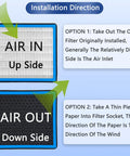 Installation instructions for Activated Carbon Cabin Air Filter For Kia And Hyundai Cars 2020 2024 featuring air in and out sides.
