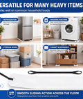 Heavy Duty Furniture Sliders For Moving Appliances Includes Reinforced Pull Straps And Protective Work Gloves For A Smooth Glide Across Any Hardwood Or Carpet with refrigerator, washing machine, storage boxes, and bookshelf.