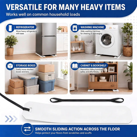 Heavy Duty Furniture Sliders For Moving Appliances Includes Reinforced Pull Straps And Protective Work Gloves For A Smooth Glide Across Any Hardwood Or Carpet with refrigerator, washing machine, storage boxes, and bookshelf.
