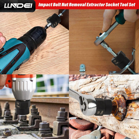 Four tools using Metric Bolt Extractor Set With Ten Plus One Pieces For Removing Broken Stripped Rusted Nuts Screws And Studs