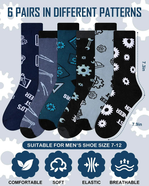Six Pairs Mens Novelty Engineering Socks Set With Compasses Protractors Gears And Wrenches Cotton Crew Dress Socks