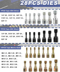 28 pieces of dies for 61 Piece All In One Pro Grade Thread Repair Kit including UNC, UNF, and metric chasers, taps in silver, black, and gold.