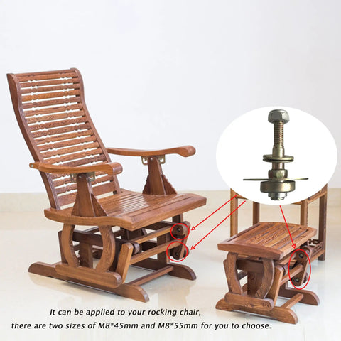 Heavy Duty Rocking Chair Bearing Hardware Pack Comes With Eight Beefy M8 X45mm Metal Screws And Sure Grip Connectors For Reliable Furniture Gliders And Quick Weekender Diy Fixes Daily, showing screws fitting into wooden rocking chair.