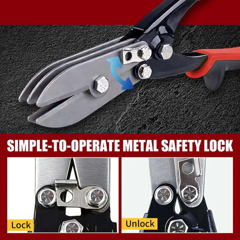 Pro Grade HVAC Sheet Metal Tools Set showcasing 5-blade crimping tool with metal safety lock mechanism for secure use on job sites