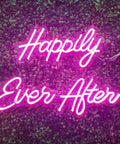 Pink Happily Ever After Neon Sign Wall Art Hangin Neon Light For Party Vibes Wedding Hashtag Decor Kid Bedroom Bar Home 12V DC Power Adapter Included For Easy Setup, glowing on a green background.