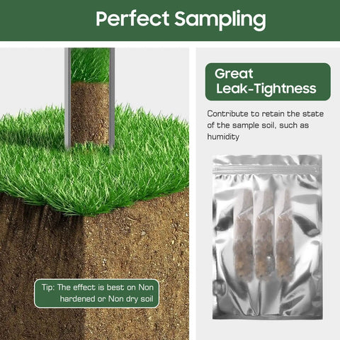 13.7 Inch Stainless Steel Soil Sampler Probe With T Handle Includes 5 Reusable Sample Bags, showing soil penetration and bag detail.