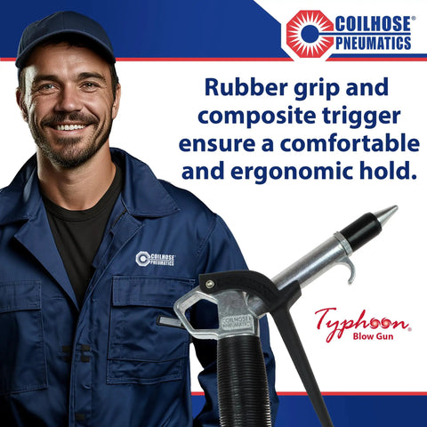Typhoon TYP-2500CS High Volume Blow Gun with visible rubber grip and composite trigger next to a smiling technician in uniform.