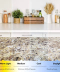 Granite Look Kitchen Countertop Vinyl Laminate Cover Peel And Stick Self Adhesive With No Seams Durable Marble Design Venetian Gold 36x72 Inches Easy Install DIY Friendly Quick Transform For A Fresh Modern Kitchen shown in various lighting conditions