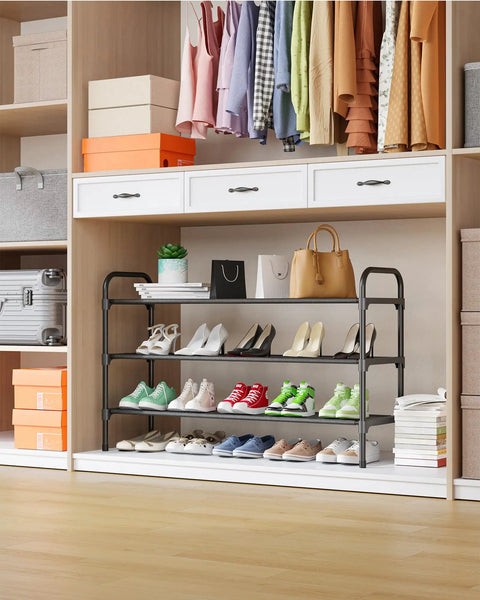 Super Spacious Three Tier Shoe Rack For Closet Organization Extra Long Black Storage Holder Fits Multiple Sneakers And Boots Total Floor Savers You Are Gonna Love