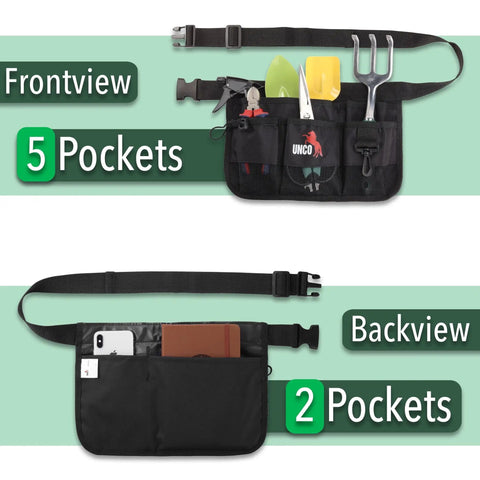 Front and back view of Garden Tool Belt For Men With Pockets, Durable Waist Apron For Yard Work, Carpenter And Utility Belt