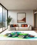Farm Tractor Themed Area Rug 3 Ft By 5 Ft White Machine Washable Carpet in modern living room setting
