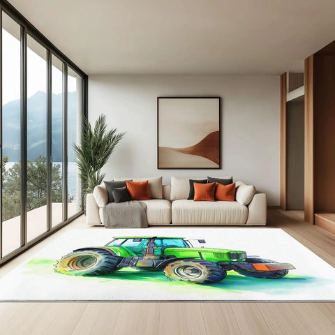 Farm Tractor Themed Area Rug 3 Ft By 5 Ft White Machine Washable Carpet in modern living room setting