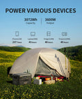 Beefy F3000LFP 3072Wh Portable Power Station beside tent powering devices in scenic camping setting.