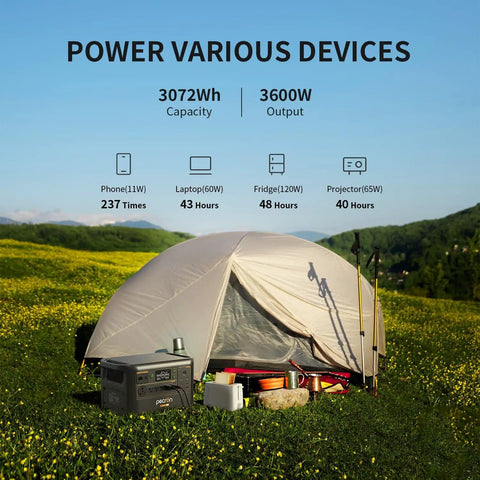 Beefy F3000LFP 3072Wh Portable Power Station beside tent powering devices in scenic camping setting.