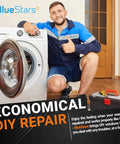 Man repairing washer next to open washing machine with toolkit, labeled 'Economical DIY Repair' and BlueStars logo.
