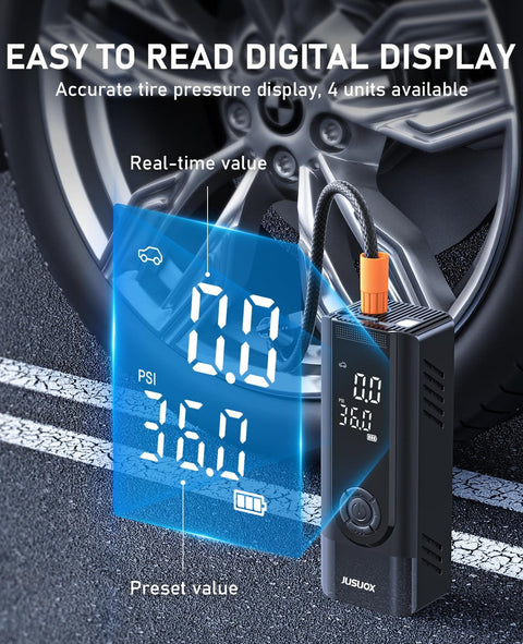 Portable Tire Inflator And Air Compressor With Dual Power Battery And 12V DC Car Bike Motorcycle Pump 150 PSI Cordless With Digital Pressure Gauge