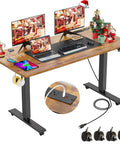 Farexon Electric Standing Desk Adjustable Height Black Brown Wood Grain Surface With Power Outlets, Wheels, And Mouse Pad for dual monitor setup.