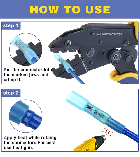 Haisstronica HS-8327 crimping tool with 200 blue Marine-grade heat-shrink butt connectors