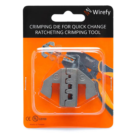 Crimping Die For Open Barrel Terminals 20 To 10 AWG With Precision Dies in package on orange backing, with compatible crimping tool illustration.