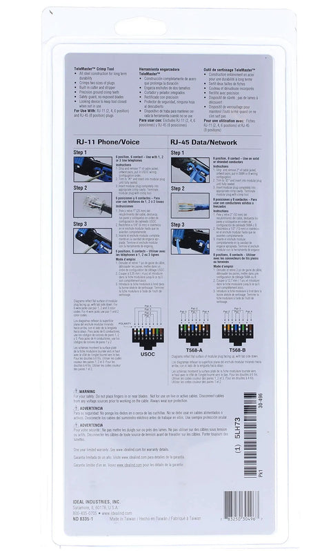 Telemaster Modular Plug Crimp Tool packaging with instructions for RJ11 and RJ45, ergonomic design for CAT5e/CAT6 cables.