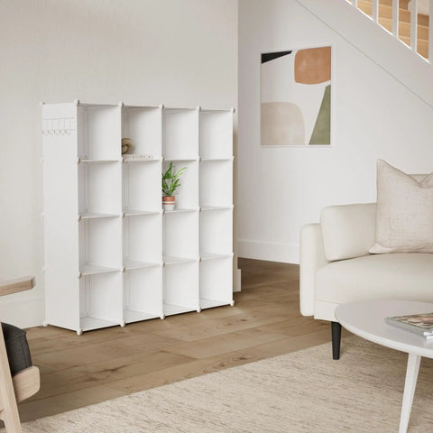 Modular Cube Storage Organizer For Home And Bedroom 16 Cube DIY Closet Shelves in modern living room setting, milky white color.