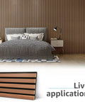 Top Shelf Six Pack Soundproof Wood Slat Wall Panels Featuring Badass Acoustic Dampening To Level Up Room Vibes And Muffle Street Noise Sleek Walnut Finish For Studios Or Home Offices displayed in a modern bedroom.