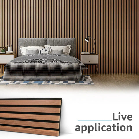 Top Shelf Six Pack Soundproof Wood Slat Wall Panels Featuring Badass Acoustic Dampening To Level Up Room Vibes And Muffle Street Noise Sleek Walnut Finish For Studios Or Home Offices displayed in a modern bedroom.