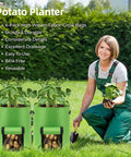 Woman gardening with 6 Pack 10 Gallon Potato Grow Bags with View Window, showcasing sturdy green fabric and potato plants.