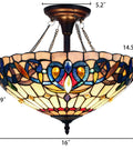 Serenity Tiffany-Style Dark Bronze 2 Light Semi-Flush Ceiling Fixture 16 Inch Wide with handcrafted stained glass crystals beads