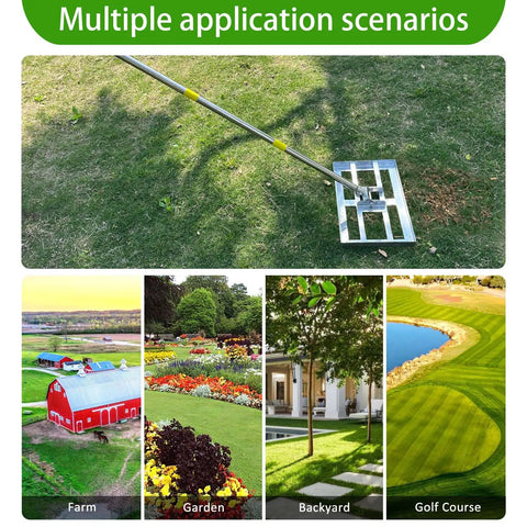 Heavy Duty Lawn Leveling Rake With 17x10 Inch Head And 5 Foot Adjustable Stainless Steel Handle on grass with application scenarios